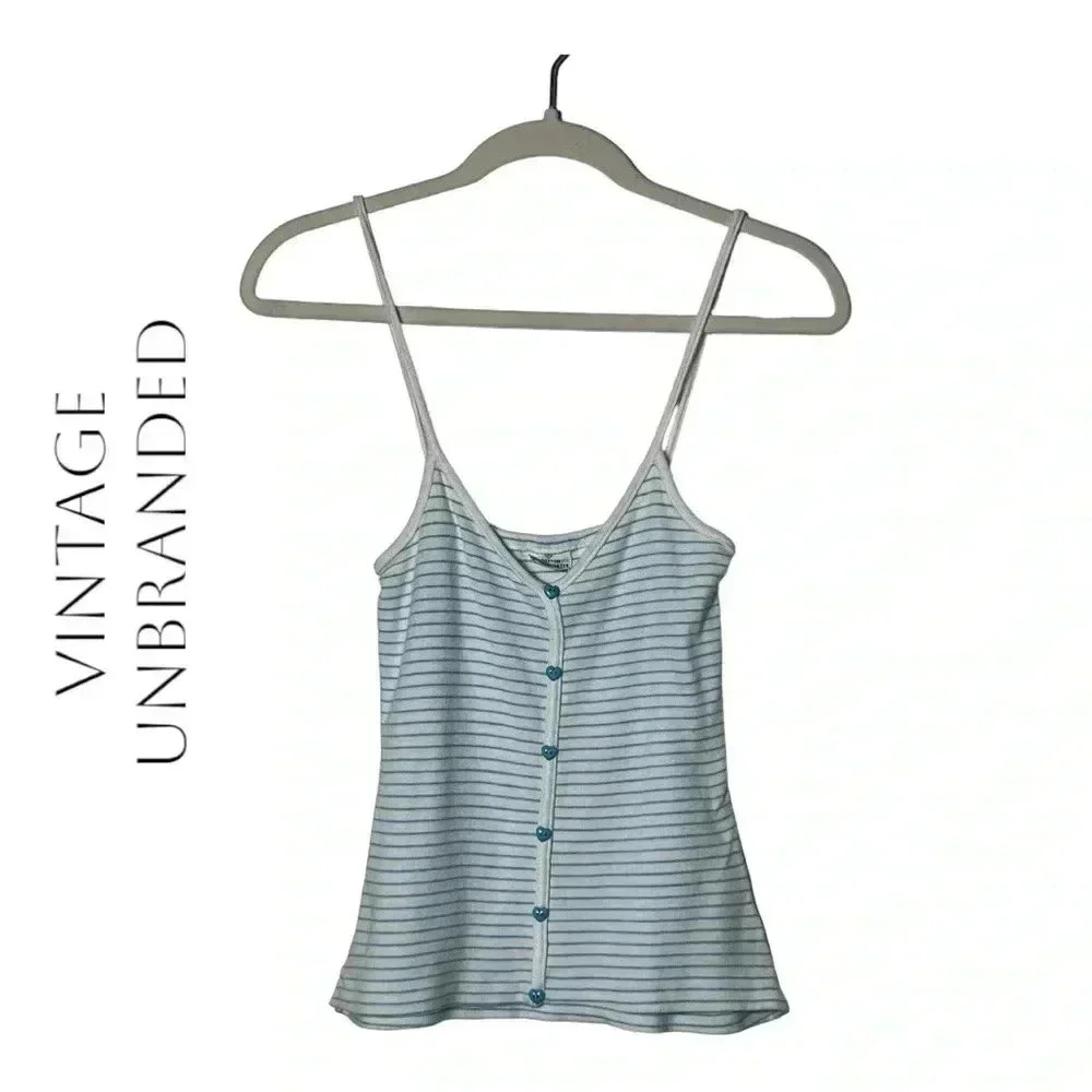 1940. VINTAGE UNBRANDED SPAGHETTI STRAP‎ STRIPED TOP FAUX HEART BUTTONS SZ SMALL